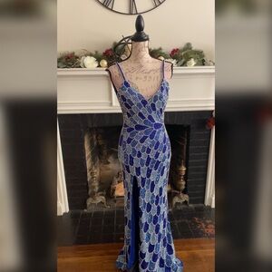 Unique heavily beaded sparkly blue prom dress, formal dress pageant evening gown